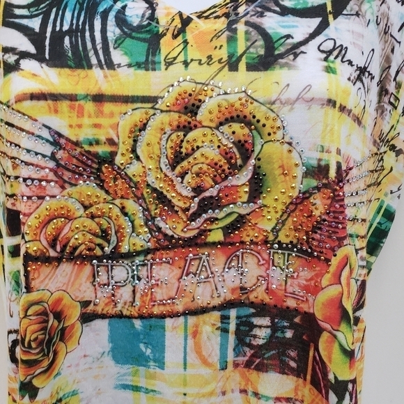 B.L.E.U. Womens V-neck Embellished Peace Top Bleu Size Small - Picture 3 of 5